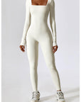 BEIGE SQUARE NECK LONG SLEEVE JUMPSUIT - Amber & Ivy