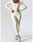BEIGE SQUARE NECK LONG SLEEVE JUMPSUIT - Amber & Ivy