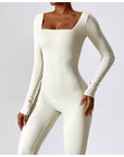 BEIGE SQUARE NECK LONG SLEEVE JUMPSUIT - Amber & Ivy