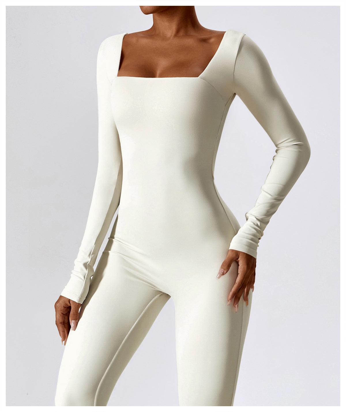 BEIGE SQUARE NECK LONG SLEEVE JUMPSUIT - Amber & Ivy