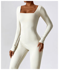 Thumbnail for BEIGE SQUARE NECK LONG SLEEVE JUMPSUIT - Amber & Ivy